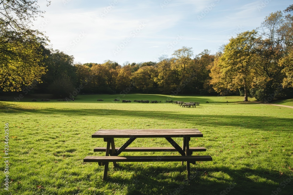 A tranquil picnic area sheltered by a thick, green canopy in Chalette-sur-Loing, France A tranquil picnic area sheltered by a thick, green canopy in Chalette-sur-Loing, France