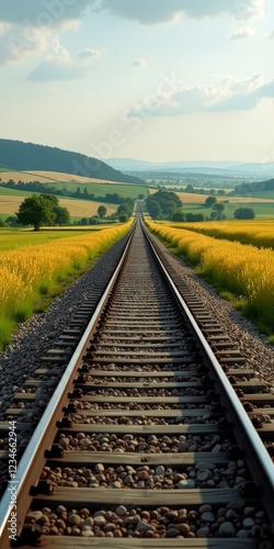 A scenic railroad track running through a picturesque countryside landscape photo