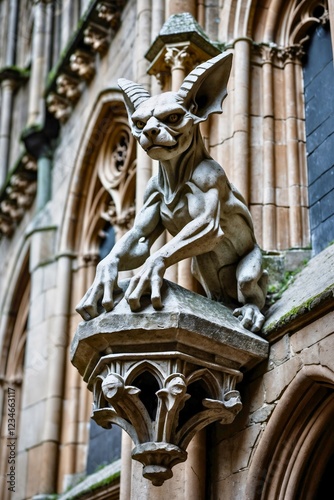 A dramatic close-up of a gothic cathedral gargoyle, showcasing its weathered stone texture and intricate craftsmanship. A mysterious and powerful symbol of medieval architecture.