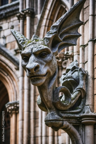A dramatic close-up of a gothic cathedral gargoyle, showcasing its weathered stone texture and intricate craftsmanship. A mysterious and powerful symbol of medieval architecture.