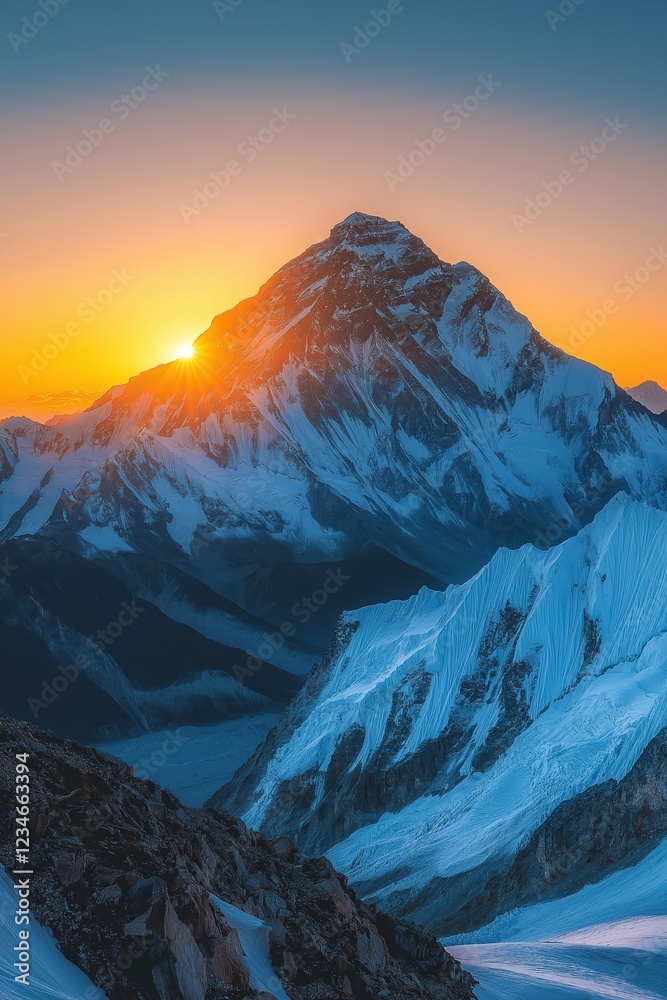Fototapeta premium Majestic sunset over towering snow-capped mountain peaks in the Himalayas