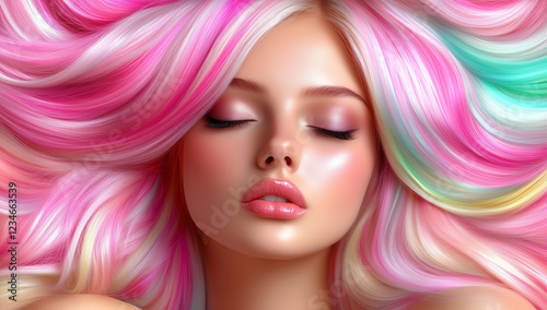 Young woman with vibrant pink and pastel hair, eyes closed, showcasing a colorful and dreamy hairstyle in a serene setting