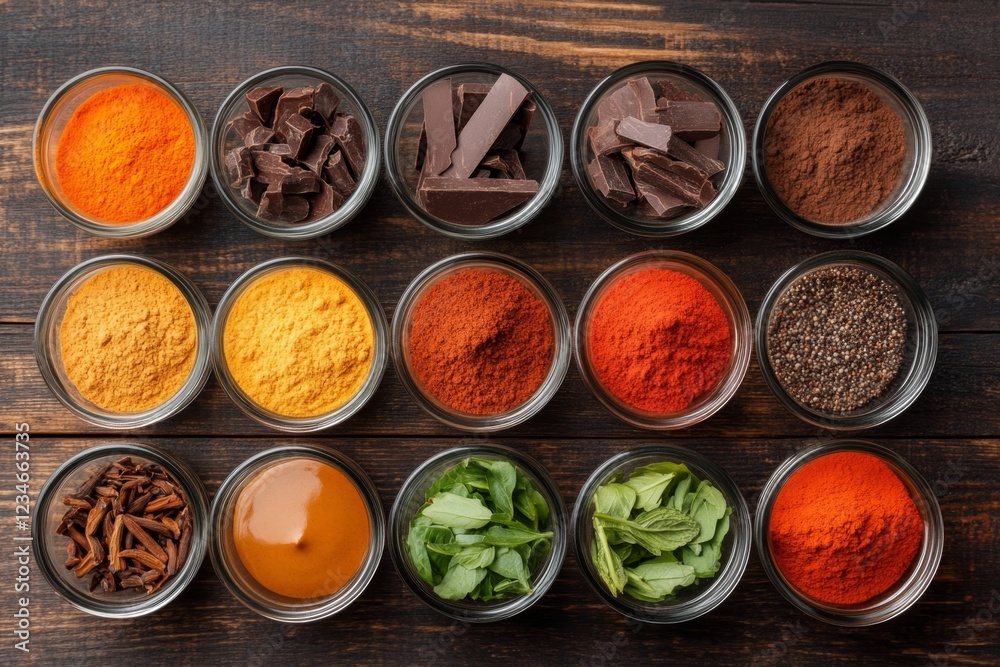 A table of ingredients and their exact measurements placed in corresponding jars and bowls A table of ingredients and their exact measurements placed in corresponding jars and bowls