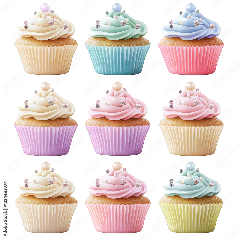 Pastel cupcakes, colorful frosting swirls, sprinkles, soft pastel liners, vanilla cake base, delicate desserts, transparent background, PNG Pastel cupcakes, colorful frosting swirls, sprinkles, soft pastel liners, vanilla cake base, delicate desserts, transparent background, PNG