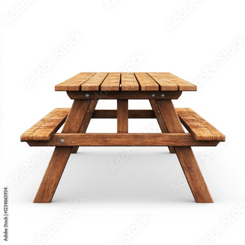 A Wooden Picnic Table complete with Attached Benches on a Transparent Background