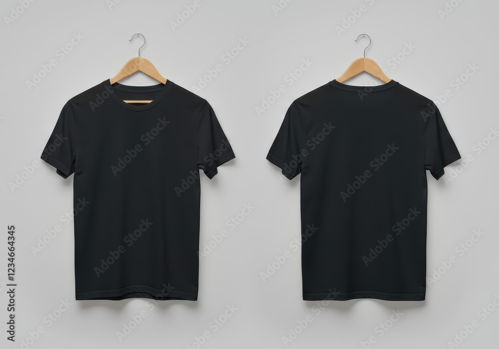 A front and back view of plain black t-shirts hanging on wooden hangers against a light gray background A front and back view of plain black t-shirts hanging on wooden hangers against a light gray background