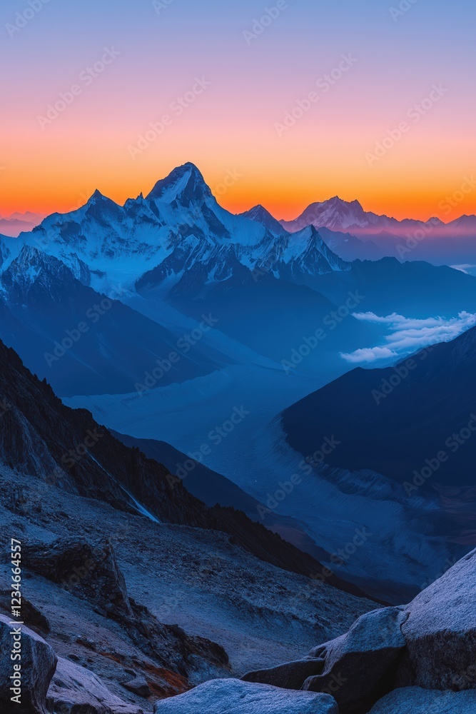 Fototapeta premium Majestic Himalayan sunrise over snow-capped peaks and valleys with vibrant colors in the sky