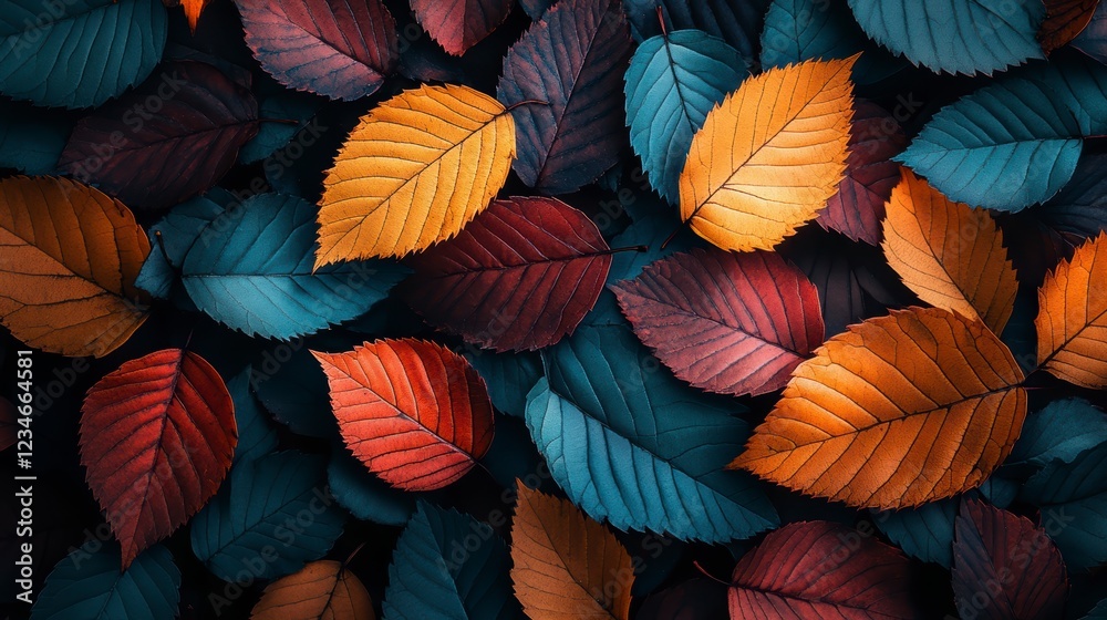 Autumn leaves in shades of red, orange, and blue green, arranged in a dense, textured pattern. The image has a dark background and a pixelated Autumn leaves in shades of red, orange, and blue green, arranged in a dense, textured pattern. The image has a dark background and a pixelated