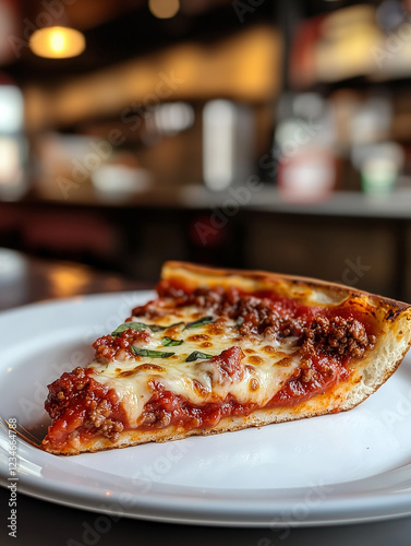 Wallpaper Mural Delicious slice of pizza topped with savory meat sauce served in a bustling pizzeria setting Torontodigital.ca
