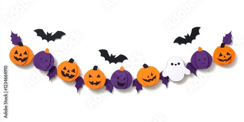 Halloween garland with orange and purple pumpkins, black bats, and a white ghost against a white background. Paper craft style, festive and playful