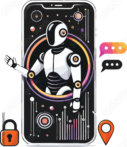 A humanoid robot emerging from a large smartphone, with speech bubbles floating around it in multiple languages.