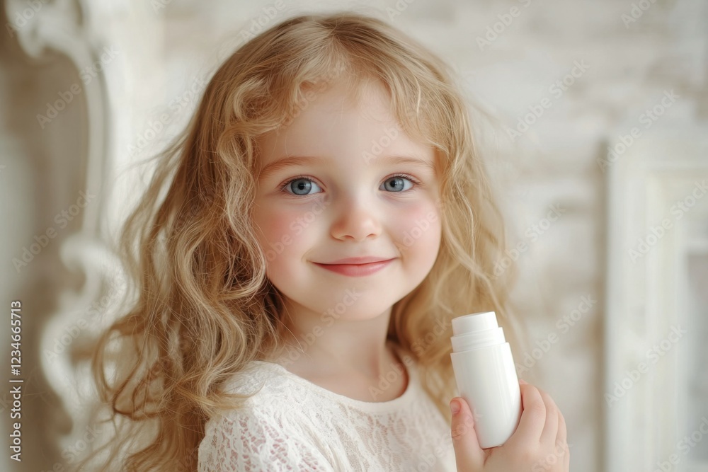 Little Girl Holding Lotion Bottle Little Girl Holding Lotion Bottle