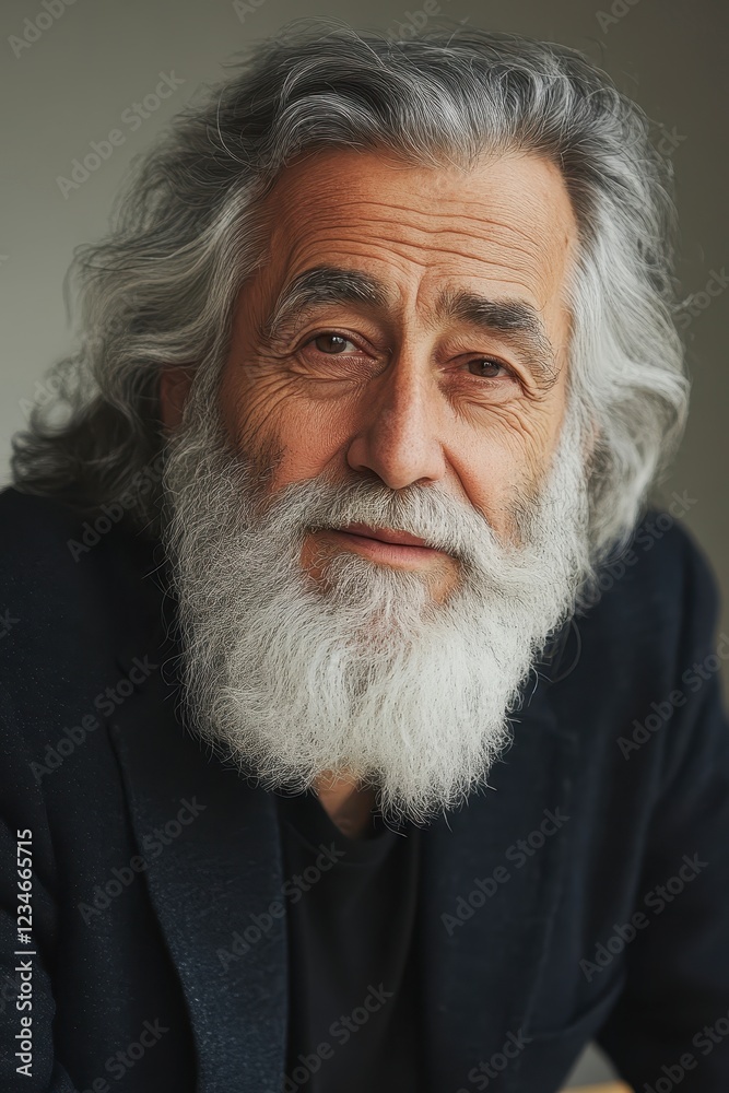 Portrait of a senior man with long gray hair and beard, wearing a dark jacket against a neutral gray background. The image is softly lit, focusing on Portrait of a senior man with long gray hair and beard, wearing a dark jacket against a neutral gray background. The image is softly lit, focusing on
