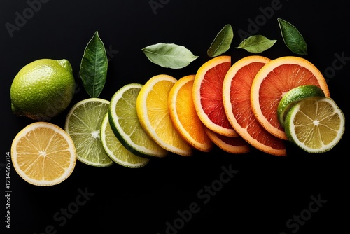 A vibrant image of fruit slicesâ€”orange, lemon, and limeâ€”arranged beside their corresponding whole fruits, demonstrating order and pairing photo