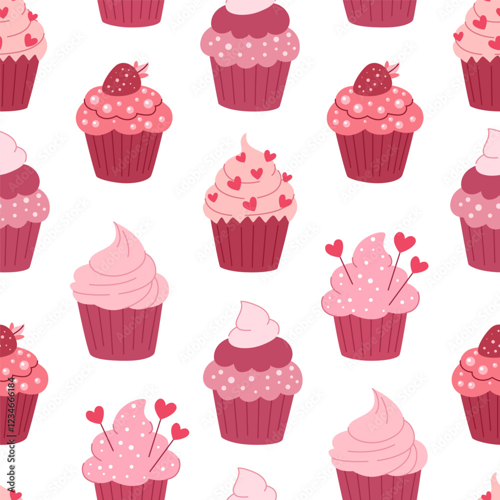 Love cupcakes seamless pattern for Valentine s, wedding and other holidays. Pink romantic sweet pastry pattern.