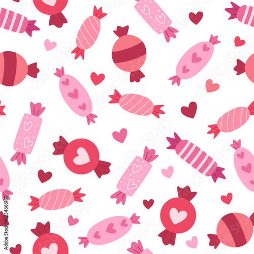 Cute candies and hearts seamless pattern. Valentine love sweet food background. Scattered sweets.