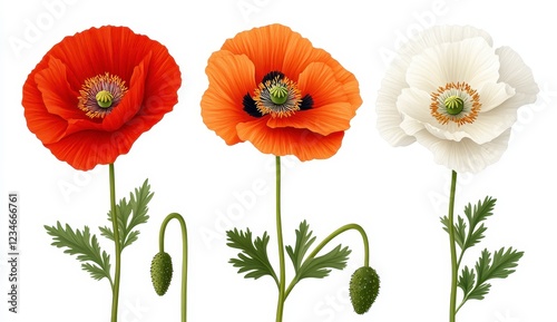 Three poppies in red, orange and white, presented with stems and buds against a white background. Detailed botanical illustration style