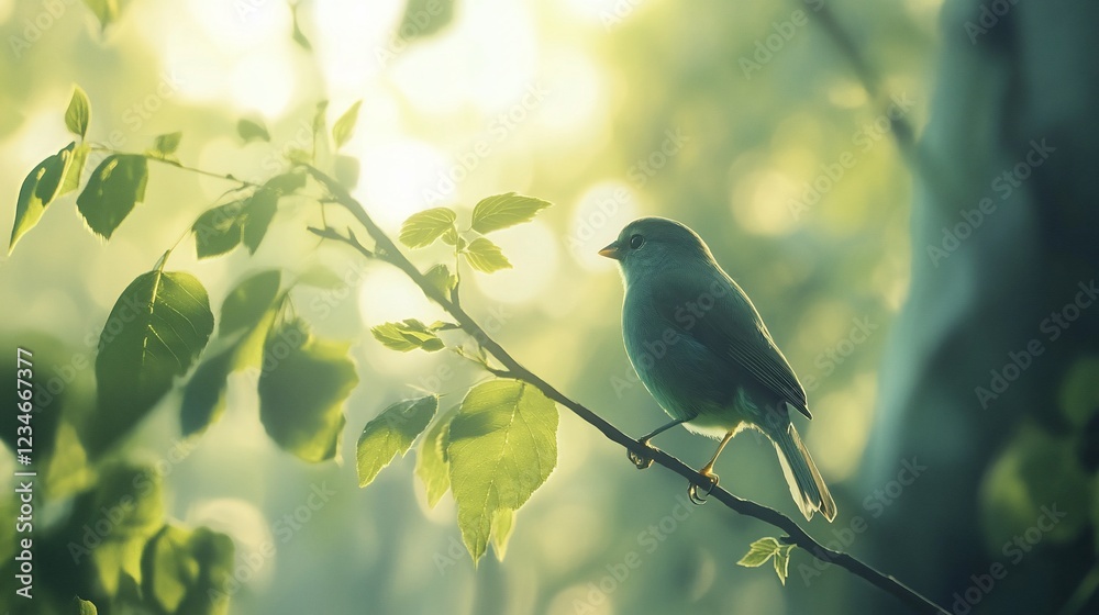 Obraz premium A serene green bird perched on a branch bathed in soft morning light among foliage