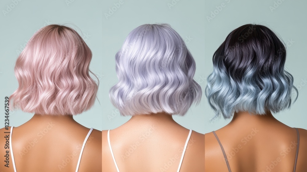 Pastel hair palette featuring wavy bob hairstyle in pink, silver, blue hues against soft green backdrop highlighting contemporary color trends Pastel hair palette featuring wavy bob hairstyle in pink, silver, blue hues against soft green backdrop highlighting contemporary color trends