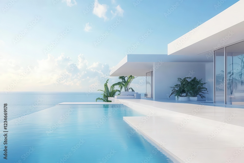Fototapeta premium modern minimalist luxury villa with infinity pool merging into ocean horizon, white architecture contrasting with lush tropical gardens