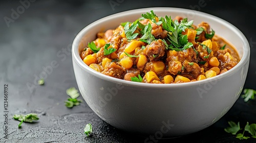 Delicious vegetarian chickpea and corn curry garnished with fresh herbs in a white bowl on a dark background