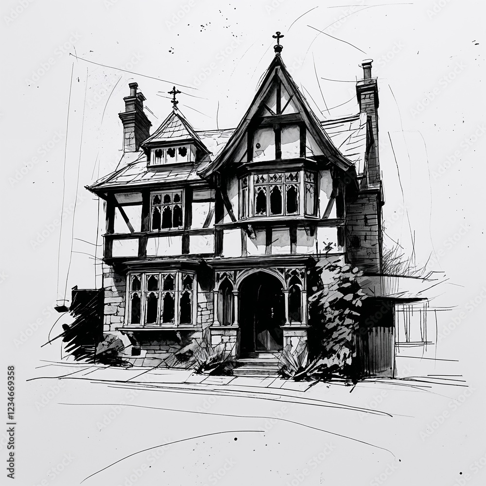 Obraz premium Tudor house art black and white flat design simple line hand drawing on plain white background