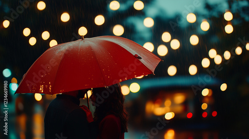 Wallpaper Mural Couple sharing a romantic moment under a red umbrella in the rain with glowing lights in the background during twilight Torontodigital.ca