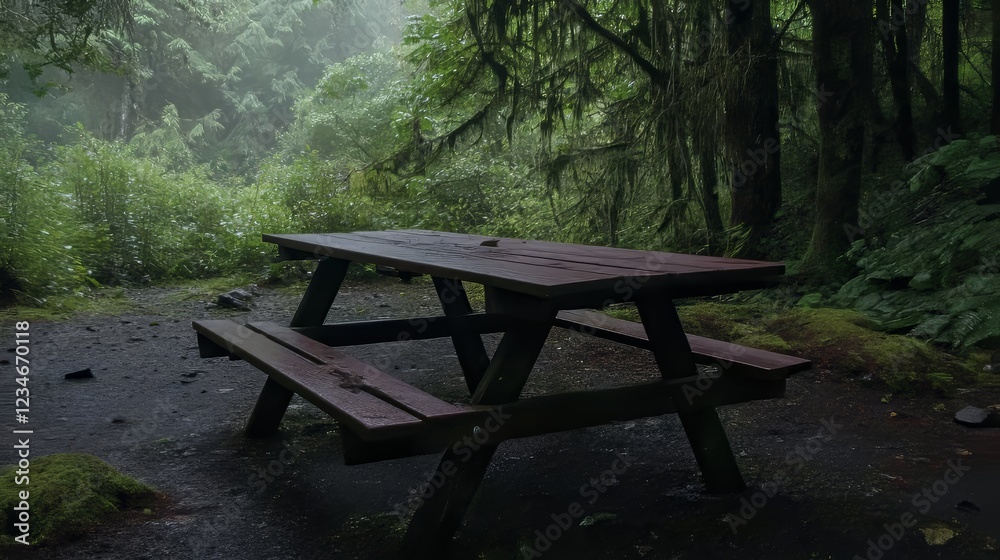 Fototapeta premium In a misty forest, a wooden picnic table stands, its moss-covered surfaces evoking a vintage feel