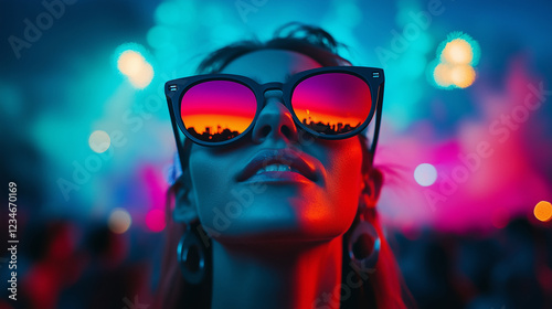 Vibrant festival atmosphere captured through colorful sunglasses during a nighttime celebration