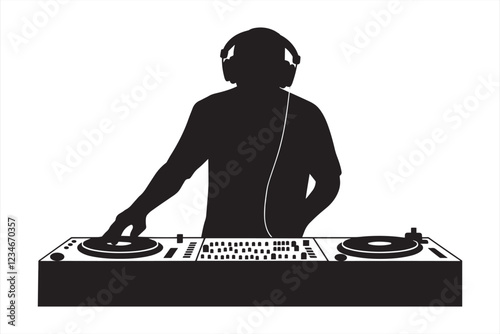 DJ Mixing Music Silhouette Vector DJ at Work with Headphones and Mixer