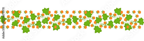 Cloudberry border isolated on a white background. Horizontal stripe, seamless pattern. Berries and green leaves in the flat style. Design element  for paper, gift wrap, cover, decor.