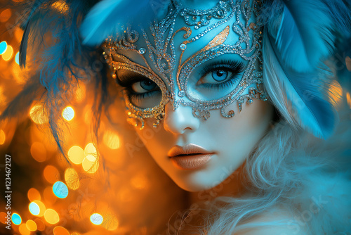 Photo carnaval glamour, femme avec masque vénitien, plumes, strass, sequins et lumières scintillantes