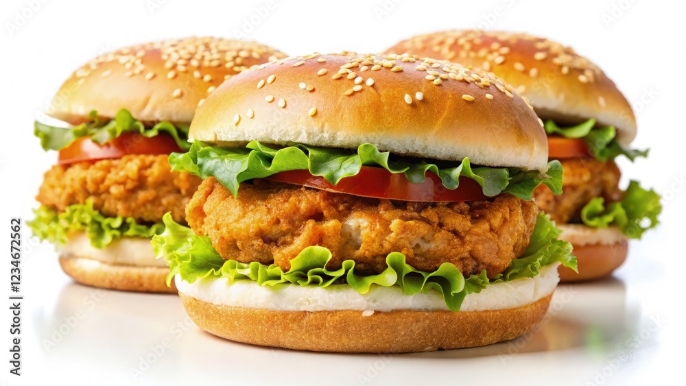 Fresh Juicy Chicken Burgers on a White Background | Generative AI Fresh Juicy Chicken Burgers on a White Background | Generative AI