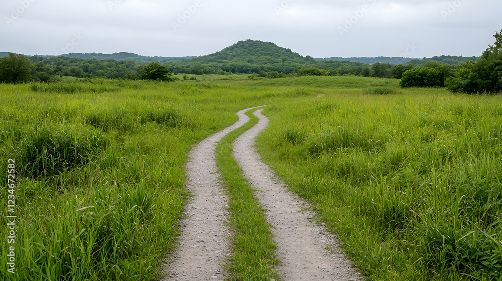 Winding dirt road through grassy prairie, hill in background, nature scene Winding dirt road through grassy prairie, hill in background, nature scene