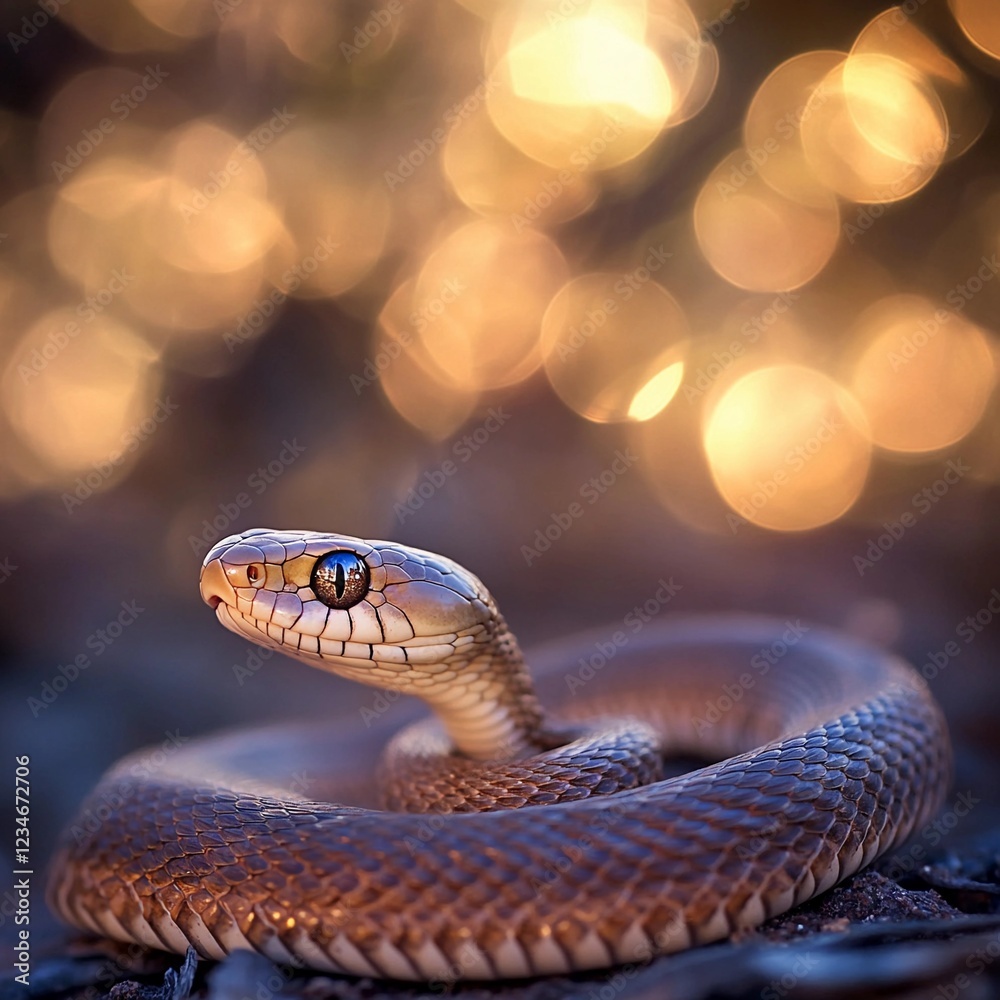 Obraz premium Snake coiled gracefully on the ground surrounded by shimmering bokeh lights in a natural setting during twilight hours