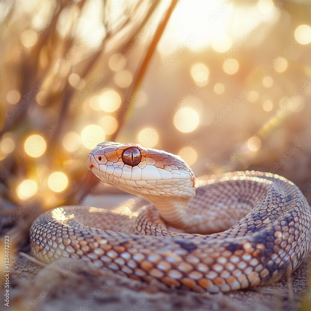 Desert snake resting under warm sunlight at sunset with glowing bokeh background Desert snake resting under warm sunlight at sunset with glowing bokeh background