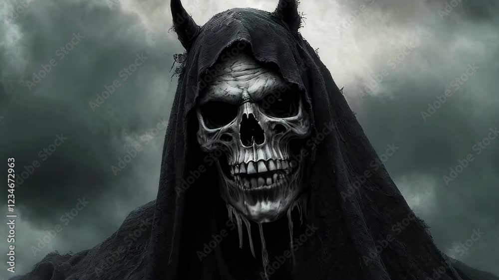 Black Scary Warrior on Black Horse, Horseman of Apocalypse Black Scary Warrior on Black Horse, Horseman of Apocalypse