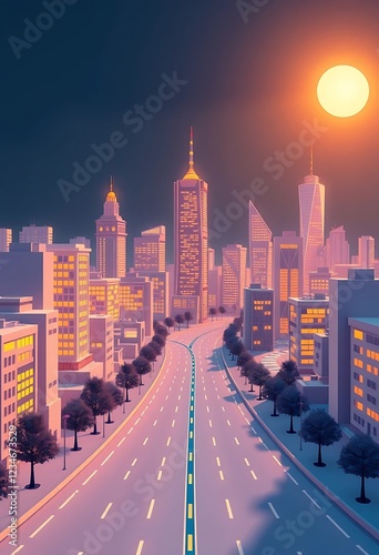 Cityscape at Sunset Featuring a Wide Boulevard and Skyscrapers