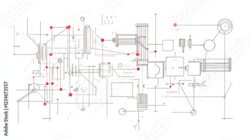 Abstract technical drawing with red nodes and lines, complex machinery illustration.