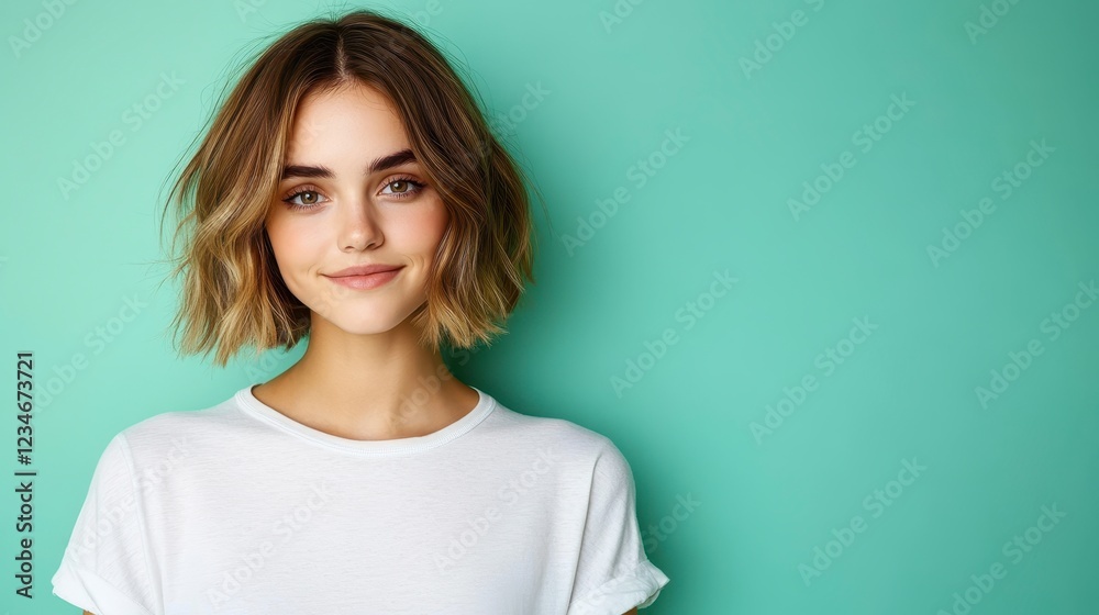 Portrait of a young woman with short, light brown wavy hair, wearing a white t shirt against a mint green background. She has a subtle smile and Portrait of a young woman with short, light brown wavy hair, wearing a white t shirt against a mint green background. She has a subtle smile and