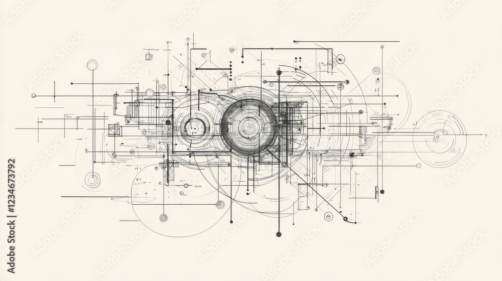 Abstract technological blueprint design with interconnected lines, circles, and geometric shapes. Abstract technological blueprint design with interconnected lines, circles, and geometric shapes.
