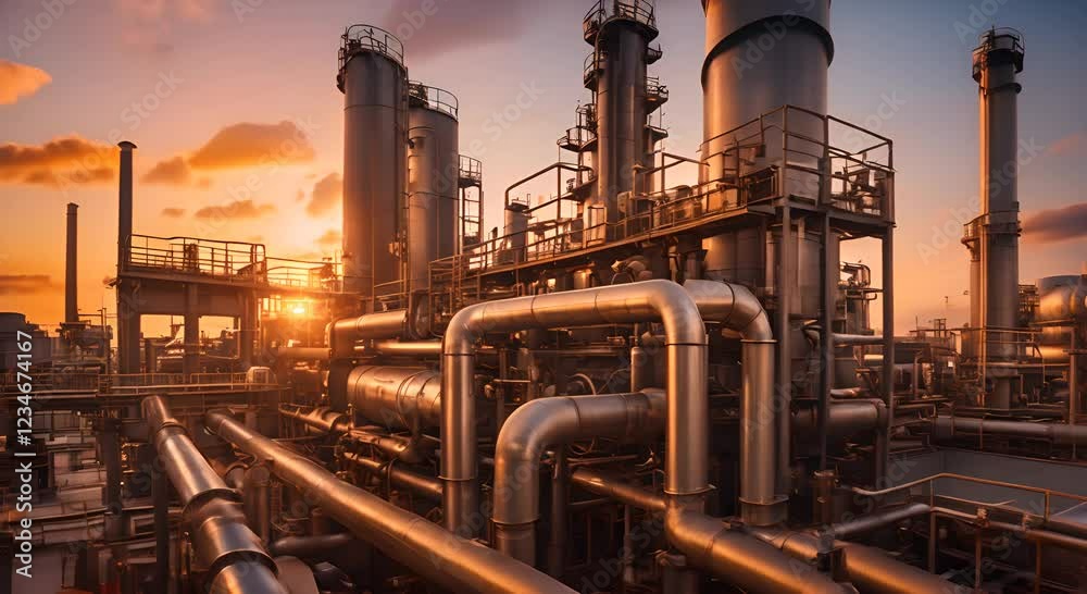 An oil refinery as an industrial estate with sunset lights and Steel pipe factory equipment in the petroleum industry producing upstream oil and gas as a background 4K An oil refinery as an industrial estate with sunset lights and Steel pipe factory equipment in the petroleum industry producing upstream oil and gas as a background 4K