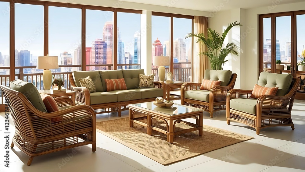 Obraz premium Luxurious Tropical Living Room with Rattan Furniture, Panoramic City Skyline View, Natural Light, Modern Urban Interior Design, Cozy and Elegant Home Decor, High-Rise Apartment