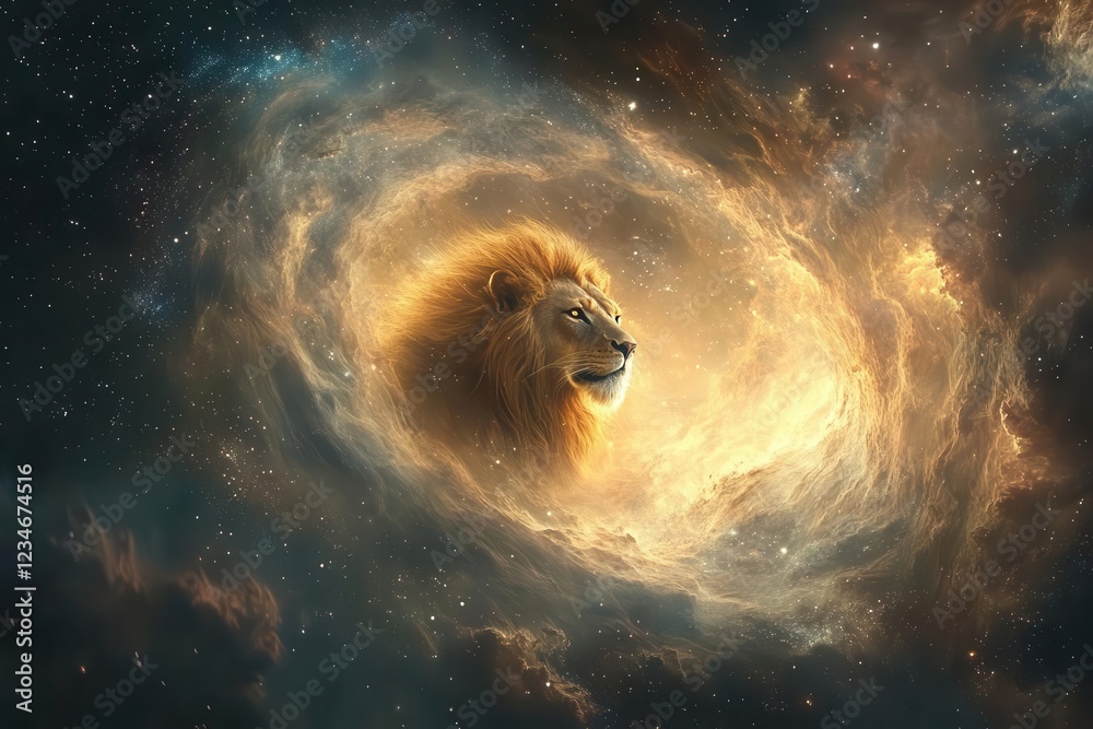 mystical leo zodiac artwork featuring golden lion emerging from cosmic nebula, celestial elements swirling