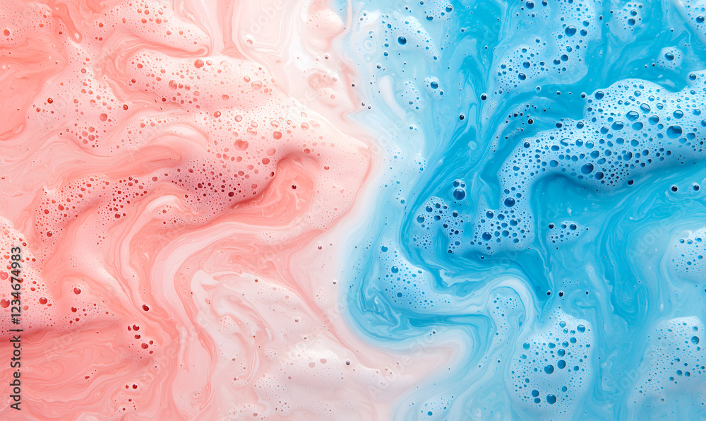 A vibrant abstract swirl of pink and blue hues with bubbles, creating a visually striking pattern reminiscent of liquid art.
