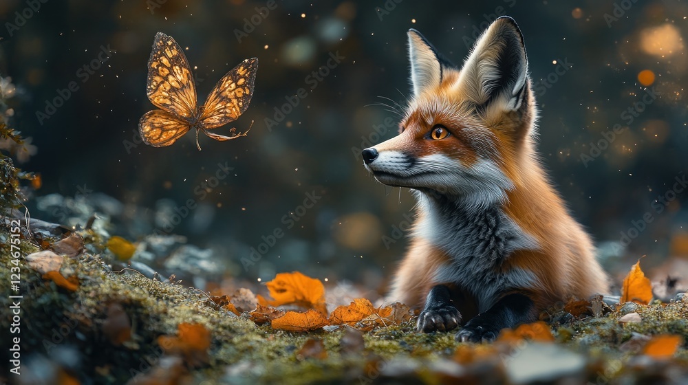 Fototapeta premium Red fox watching butterfly, autumn forest, bokeh background, nature fantasy