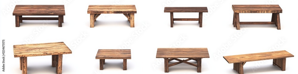 A selection of wooden tables that blend rustic and modern elements, featuring different designs and sizes, ideal for home offices, kitchens, or outdoor living spaces A selection of wooden tables that blend rustic and modern elements, featuring different designs and sizes, ideal for home offices, kitchens, or outdoor living spaces