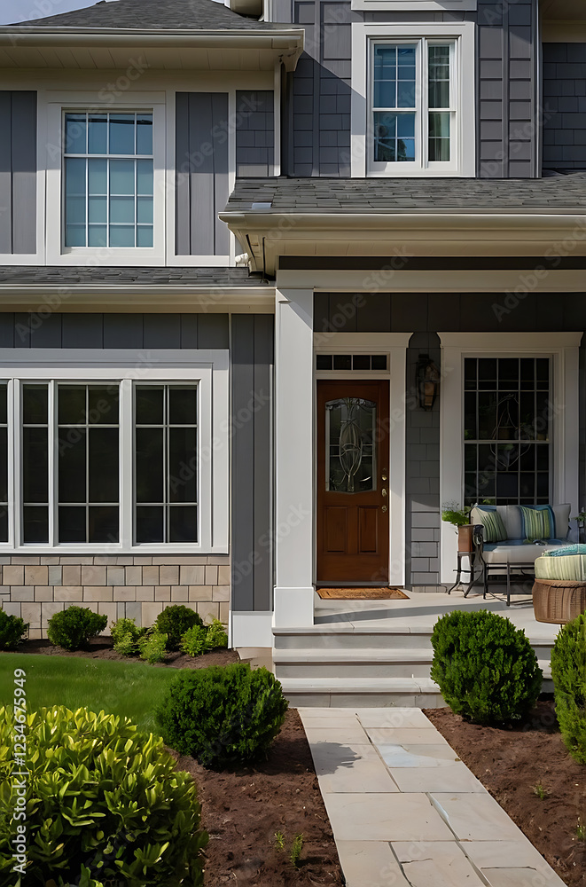 Obraz premium Luxury House Exterior: Gray Siding, Stone Accents, and Landscaped Walkway