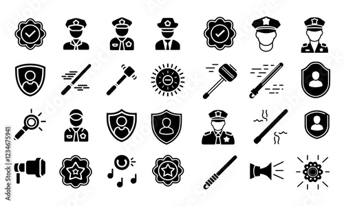Guard icon set. Containing shield protection with checkmark, hat police, security baton or stick, detector, alarm, whistle, badge, safety. Vector illustration 