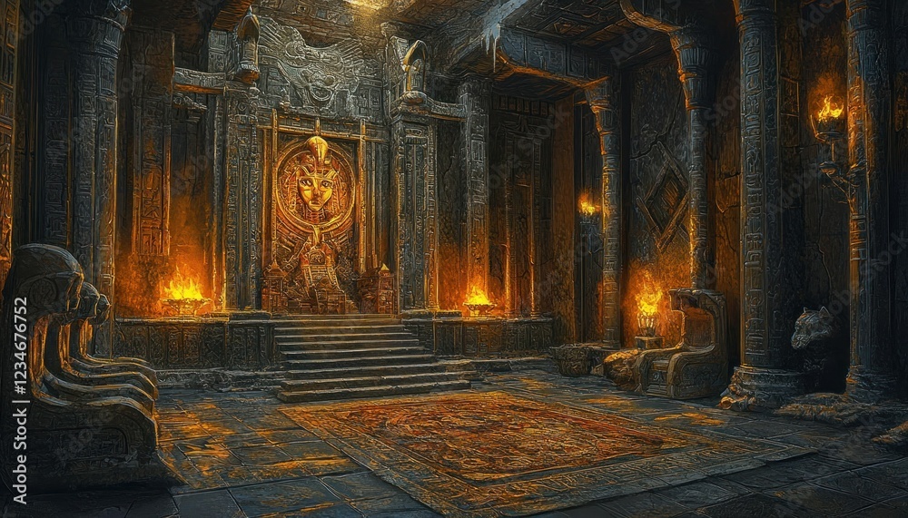 Obraz premium Ancient Sanctuary Chamber Illuminated by Eerie Flames and Glyphic Embellishments